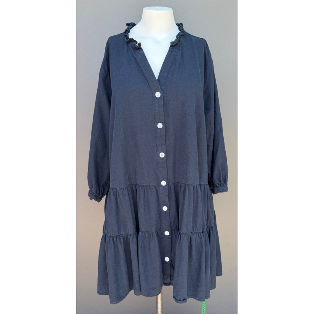 Tommy Hilfiger Womens X-large Oversized Button Front Shirt Dress Linen Navy‎ 3/4